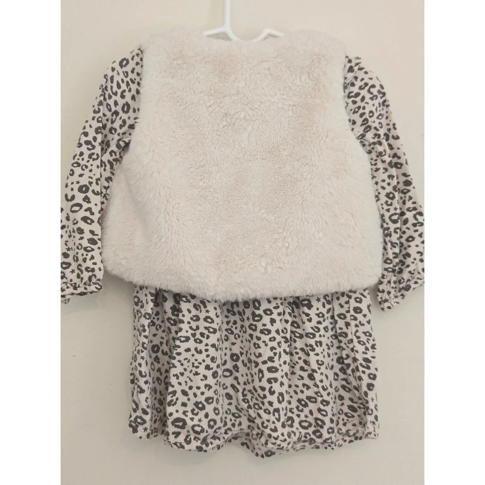 George Baby Girl Leopard Print Dress and Faux Fur Vest Set 18-24 Months‎ Cream